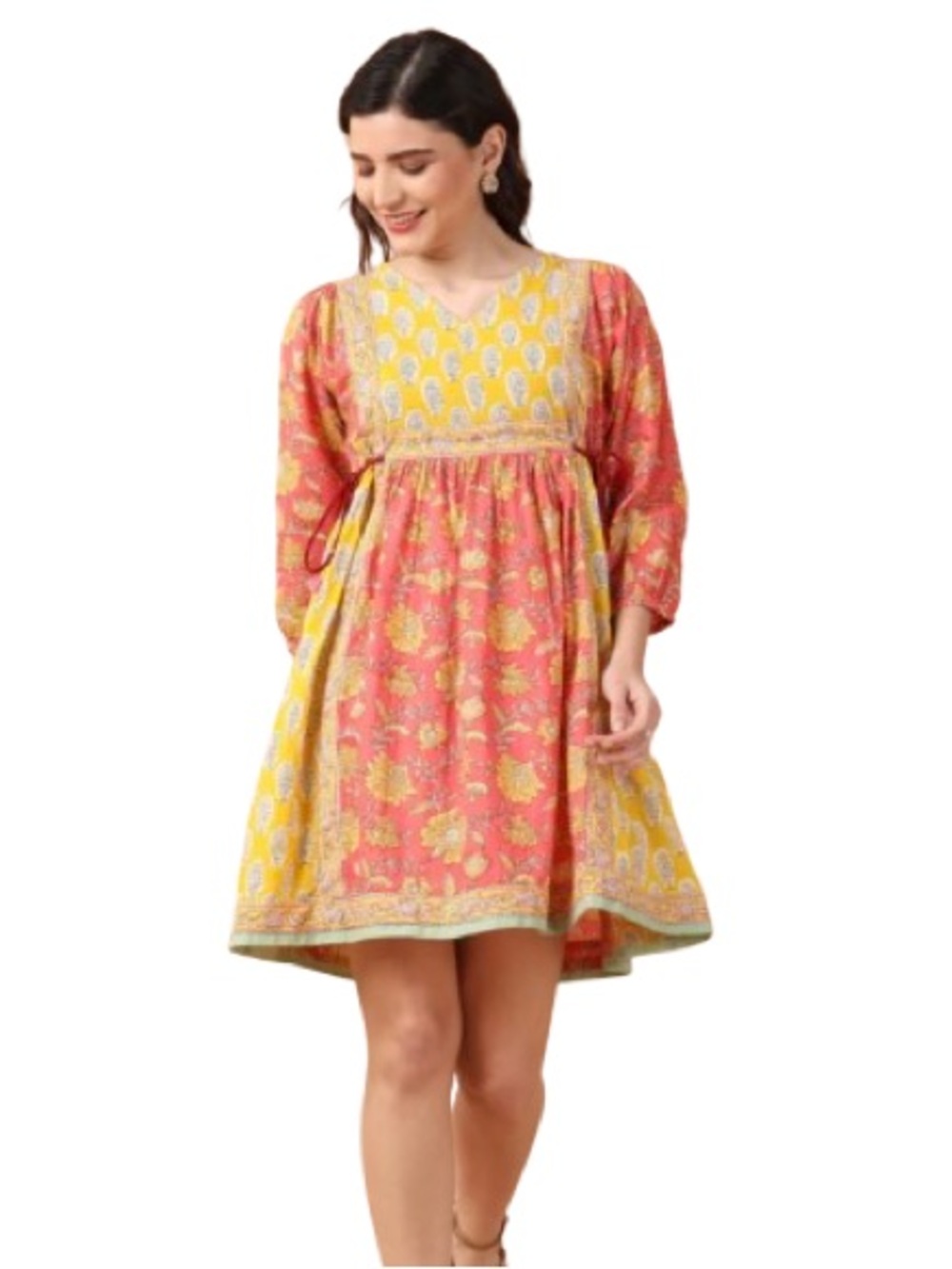 Meher’s Women’s 100% Cotton Floral Block Print Dress Sz L Pink Yellow boho